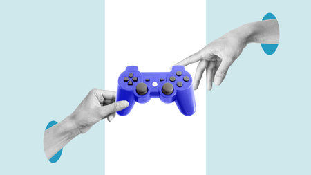 Collage with hands holding video game console controller. Hand passing the video game controller. Two players conceptの写真素材