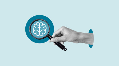 Collage with hand with magnifying glass analyzing brain. Brainstorming and intelligent, creative thinking, brain education. Innovation and psychological analysis. Analyzing the human mind and brainの写真素材
