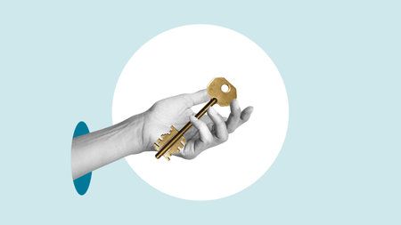 Turnkey solution and services concept. Consultant, coach, leader, or CEO offer key to success. We offer solutions.の写真素材