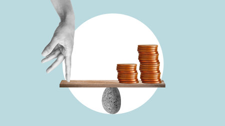 Balance of finances is shown with collage with hand and coins on wooden seesaw. Stacks coins, maintaining balance of economy, controlling the price, controlling the economy, balance of financesの写真素材