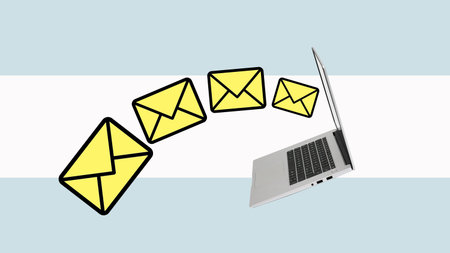 Mass mailing. Writing and sending a lot of e-mail concept. Collage with many mails and laptop.