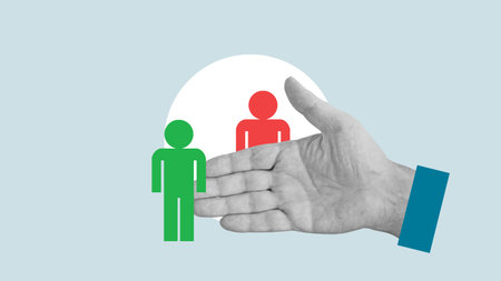 Solution of controversial issues and conflicts of interest. The hand divides the red and green figures of people. Stop the conflict, the mediator. Dispute resolutionの写真素材