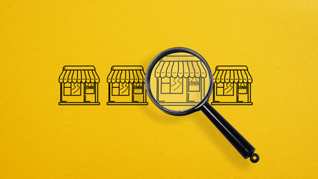 Franchise business, magnifying glass chooses franchise marketing icons Store.