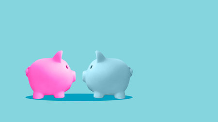 Two piggy banks. Relationships and finances. Valentine's Day. Banking, savings and deposits. Starting a life together and a shared budget for spending. Resolving financial issues when living togetherの写真素材