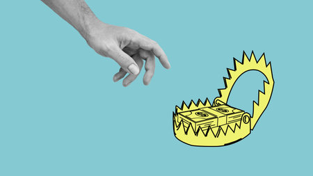 Collage with the hand and money in a trap. The concept of getting into financial problems, reaching...