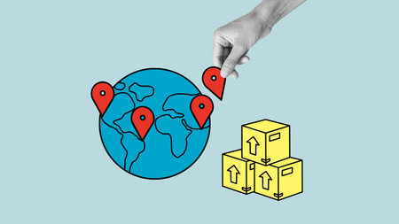 Planet earth with markers of geolocation and cardboard boxes. The concept of logistics, delivering...
