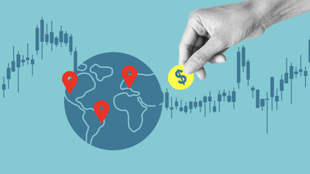 Foreign investment. Money transfer and trade forex concept. Collage with hand with coin and earth...