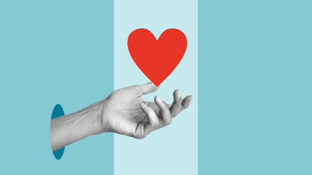 Self-compassion and Empathy concept. The power of emotional intelligence, soft skill development. Collage with hand and heartの写真素材