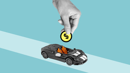 Car title loans. Saving money for car concept, trade car for cash concept. Collage with car and the hand with coinの写真素材