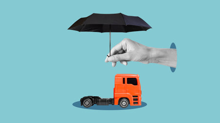 Truck insurance is shown with Red truck miniature covered by hand with umbrellaの写真素材