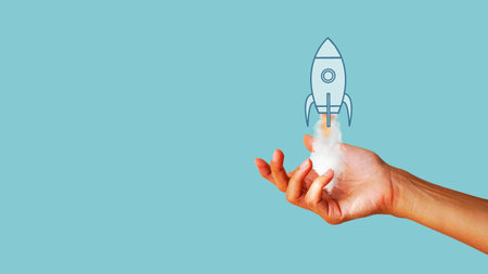 Business ideas and creativity. Collage with New startup launch of the rocket from the handの写真素材