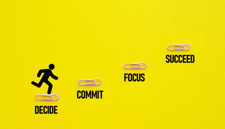 Decide Commit Focus Succeed is shown using a text. Motivation phraseの写真素材