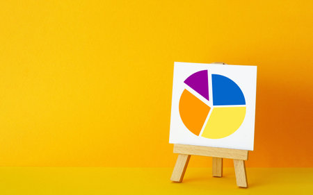 Statistics and financial analysis. Pie chart or business graph on an easel on the orange background. Marketing and niche market shareの写真素材