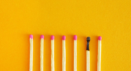 Burnout and stress concept. One burnt match in a row with normal ones. Mental Fatigue and Work...