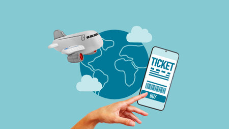 Buying Air Ticket Online Service on Smartphone. Go Travel Booking Concept with a Passenger Plane...