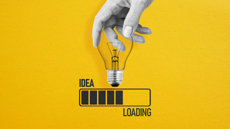 Loading of ideas concept. Collage with Progress bar and Light bulb. Loading bar with a lightbulb idea. Solutions, creative thinking and brainstormingの写真素材