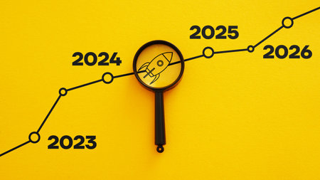 The rocket is heading to 2025 target. Business creativity new idea discovery innovation technology....