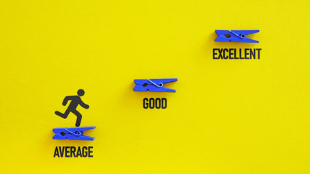 Average, Good and Excellent are shown using a text as steps to successの写真素材