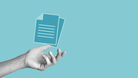 Document Management and Data System. The hand is holding a document icon. Corporate Data Management System DMS. Empty space for textの写真素材