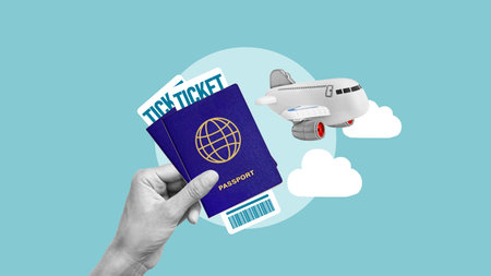 World travel and airplane flight with travel agency. Hand with passport in airport. Airline ticket...