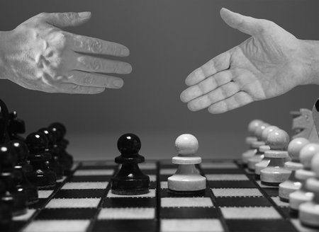 Strategic alliance and Strategic partnership are shown with photo of handshake and chess. Conflict Resolution and negotiationsの写真素材