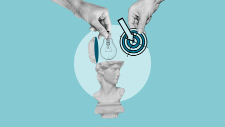 The pointing of target for finding success. Light bulb idea as plan goal symbol. Personal...