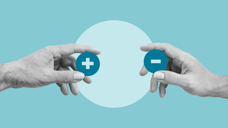 Decision making concept. Positive or negative business choice and analysis of advantages. Plus and minus signs as concept of opposites, decisions, and uncertaintyの写真素材