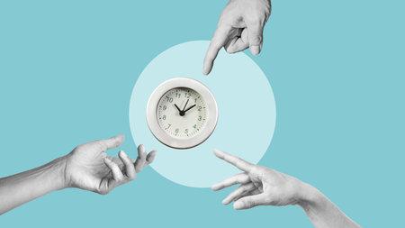 Hands are pointing on awake clock as inspiration concept. Time to work and indicate the deadline...