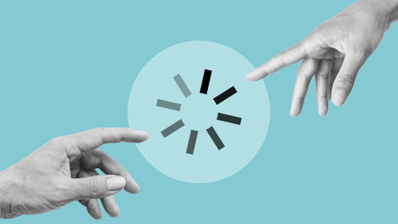 Hands are reaching out to each other with a download icon. Decision making processの写真素材