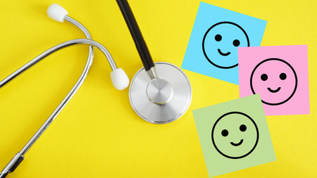 Employee wellness program, representing physical activity, mental health and happiness growth. Healthcare review and rating of medical servicesの写真素材