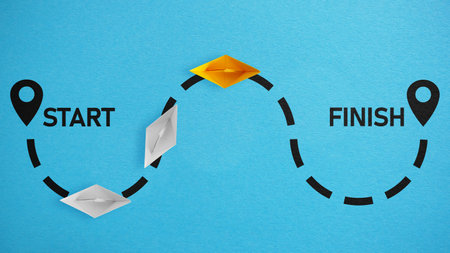 Forward-thinking start-up the business concept for success with a start and finish goal location mark. Partnership of business and team with Leadership Developmentの写真素材