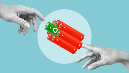 Green recyclable battery and regular batteries as symbol suggesting battery recycling and infinite...