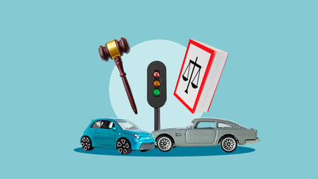 Car vehicle accident is judged with Hammer gavel. Insurance coverage claim lawsuit court case. Traffic and driving rules concept. Auto accidentの写真素材
