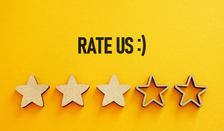 Rate us now as call to action for customer rating, survey or client satisfaction