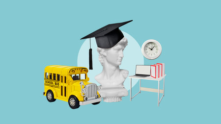 Private school as alternative studying. School bus, Graduation hat and table with books as symbol of...
