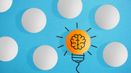Creative idea, discovery, brainstorming or solution concept. Yellow ball looks like a light bulb...