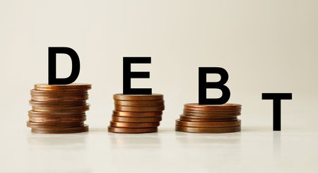 Debt wording on the top of decreasing coins stacking with down. Debt decrease and Forgivenessの写真素材
