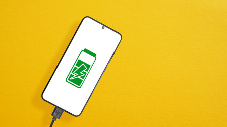 Phone quick charge is shown by Smartphone connected to a USB charging cable and fast charging on...