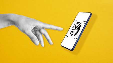 Secure access to user's personal information is shown by hand pressing the smartphone button with...