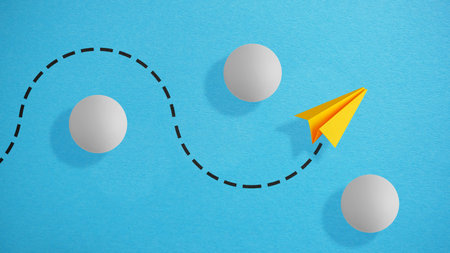 Paper plane flying between spheres symbolizing clouds. Business decision making and the way to...