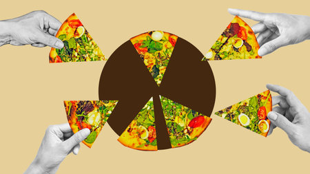 Collage with hands sharing pizza pieces. Receiving dividends among investors and Profit sharing. Market share as financial conceptの写真素材
