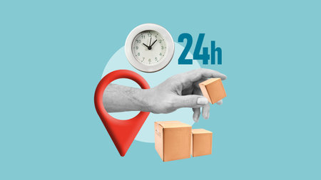 Day Urgency Express delivery Service. Delivery person holding parcels in a GPS pin and clock. 24h...