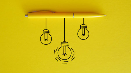 Turn on glowing light bulb among turn off lamp on yellow background as symbol of creative thinking...