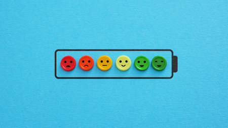 Battery level and charging. Happiness, vitality and mental wellbeing. Low battery indicator as symbol of depression, frustration and high workloadの写真素材