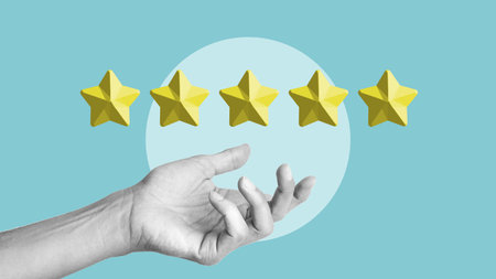 Feedback concept as as collage with hand and five-star icon rating. Online reputation management and...