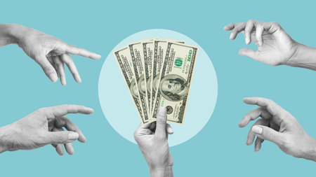 Collage with hand holding dollars as charity help for people. Volunteer support payment. Become a sponsorの写真素材