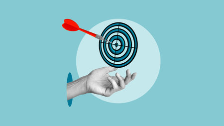 Set your goals is shown using the collage with aim and the hand. Business targeting, aiming, focus concept and way to achieve a goalの写真素材