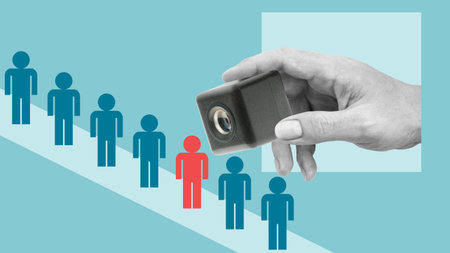 Camera surveillance in the crowd as big brother concept. Giant surveillance camera spies a citizen. No secrets and no privacy in dictatorship orderの写真素材