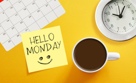 Hello Monday is shown using a text and photo of coffee cup and calendar