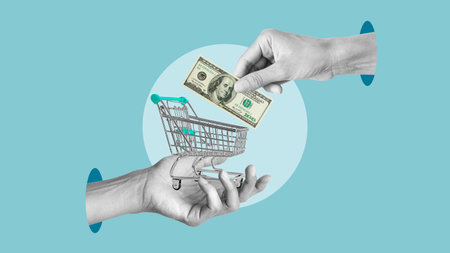 Dollar Purchase concept or exchange of money are shown by shopping cart and 100 dollar banknotesの写真素材